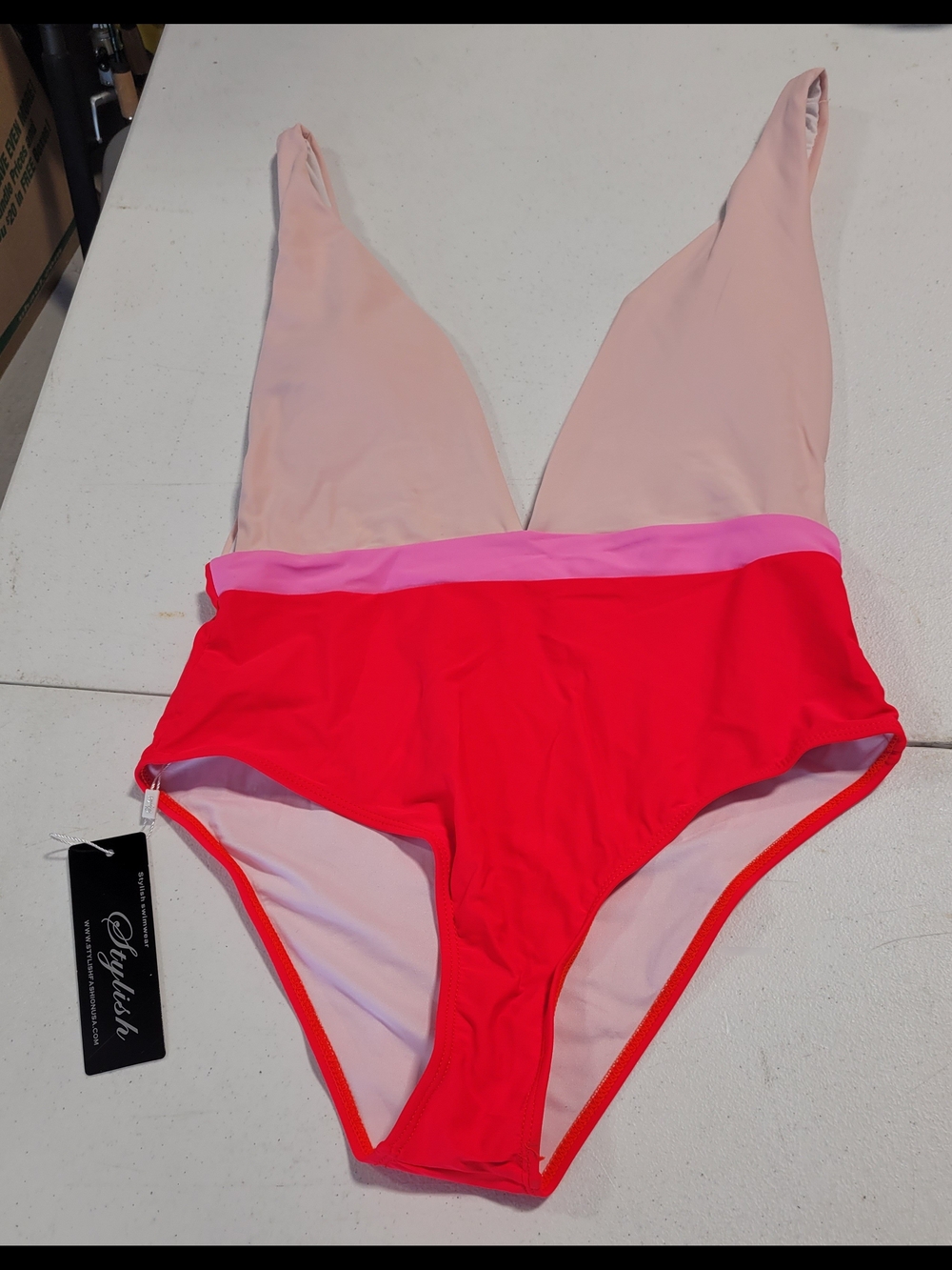 Colorblock V-Neck One-Piece Swimsuit in Blush, Pink & Red